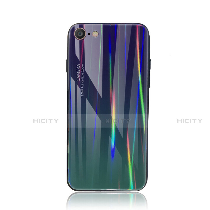 Apple iPhone SE (2020)用ハイブリットバンパーケース プラスチック 鏡面 虹 グラデーション 勾配色 カバー アップル シアン