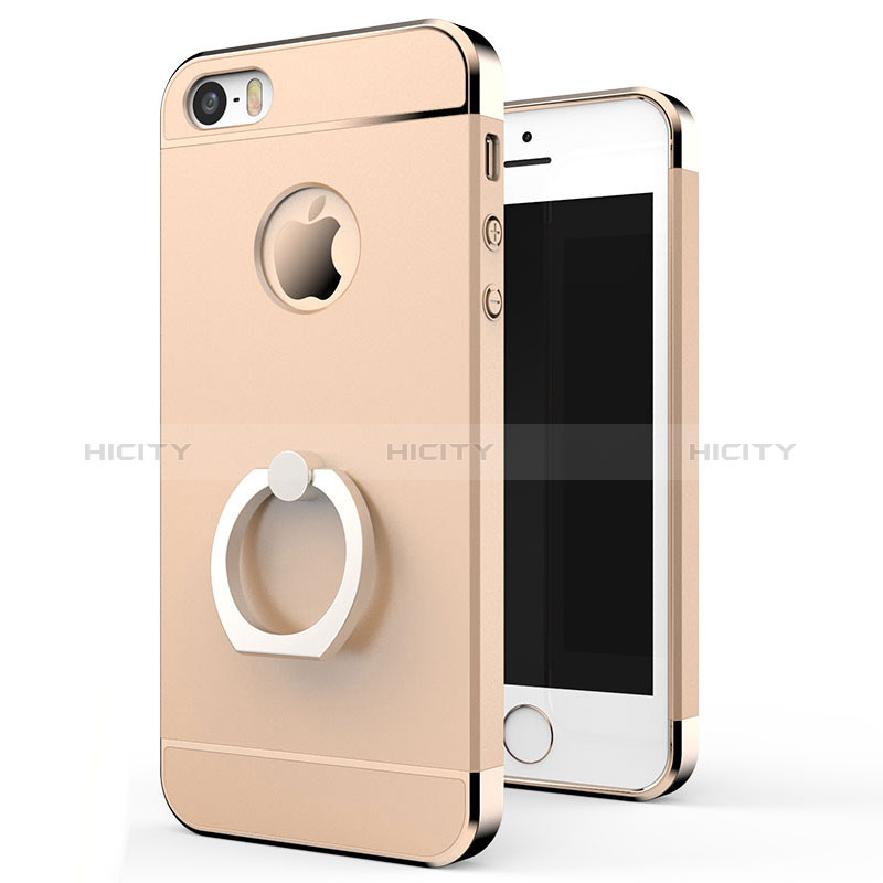 Apple iPhone SE用ケース 高級感 手触り良い メタル兼プラスチック バンパー アンド指輪 アップル ゴールド