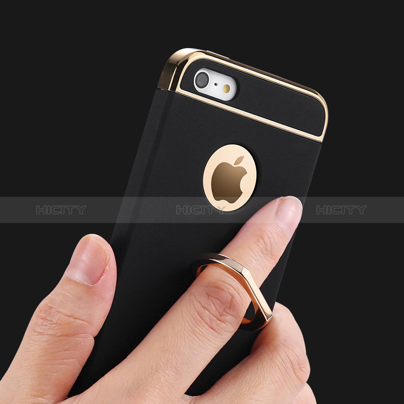 Apple iPhone SE用ケース 高級感 手触り良い メタル兼プラスチック バンパー アンド指輪 アップル ブラック