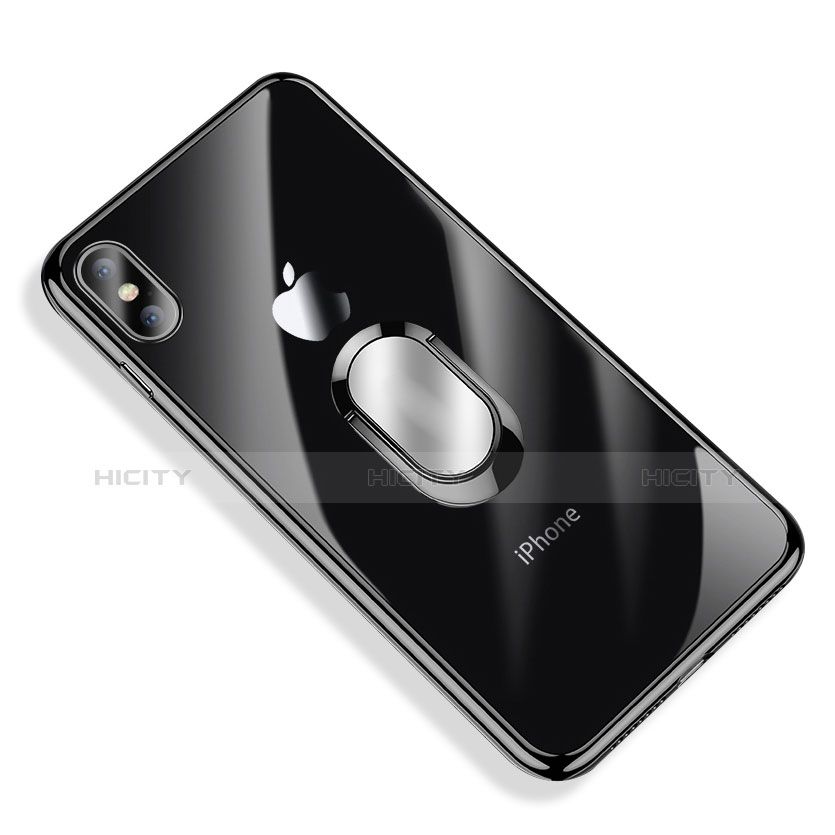 Apple iPhone X用極薄ソフトケース シリコンケース 耐衝撃 全面保護 クリア透明 アンド指輪 T01 アップル ブラック