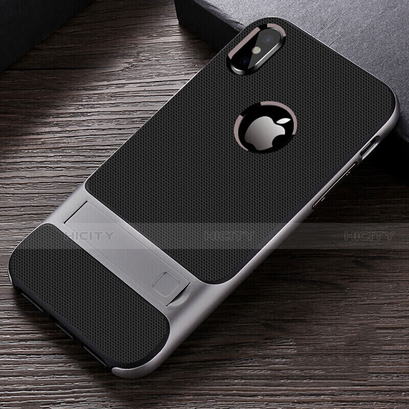 Apple iPhone X用ハイブリットバンパーケース スタンド プラスチック 兼シリコーン カバー A01 アップル グレー