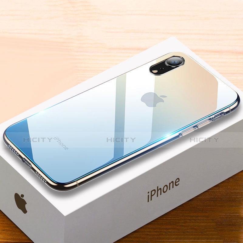 Apple iPhone XR用ハイブリットバンパーケース プラスチック 鏡面 虹 グラデーション 勾配色 カバー アップル ブルー