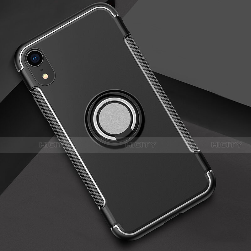 Apple iPhone XR用ハイブリットバンパーケース プラスチック アンド指輪 兼シリコーン カバー S01 アップル ブラック