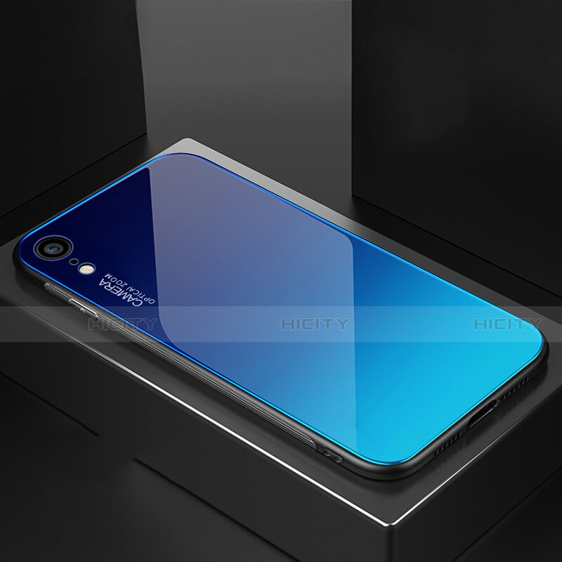 Apple iPhone XR用ハイブリットバンパーケース プラスチック 鏡面 虹 グラデーション 勾配色 カバー A01 アップル ブルー