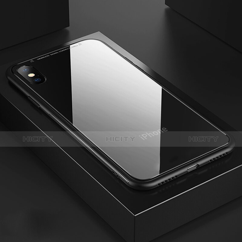 Apple iPhone Xs用360度 フルカバーハイブリットバンパーケース クリア透明 プラスチック 鏡面 T04 アップル ブラック