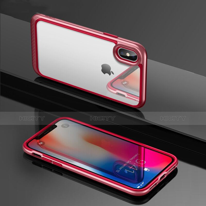 Apple iPhone Xs用360度 フルカバーハイブリットバンパーケース クリア透明 プラスチック 鏡面 T08 アップル レッド