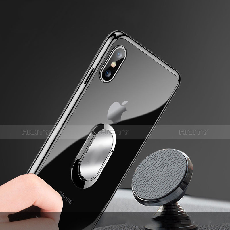 Apple iPhone Xs用極薄ソフトケース シリコンケース 耐衝撃 全面保護 クリア透明 アンド指輪 T01 アップル ブラック