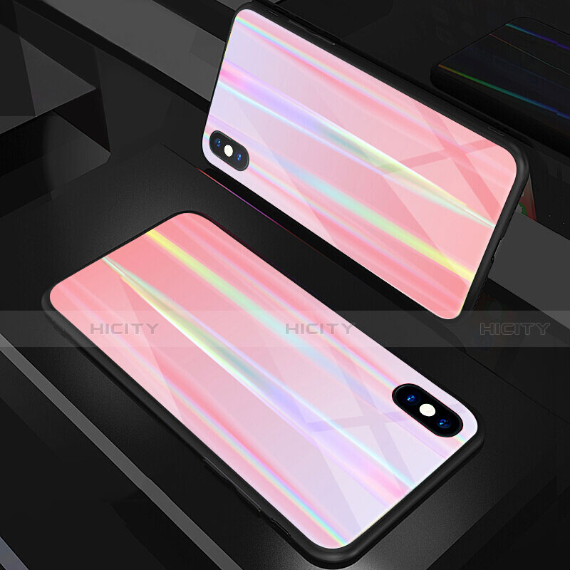 Apple iPhone Xs用ハイブリットバンパーケース プラスチック 鏡面 虹 グラデーション 勾配色 カバー A01 アップル ローズゴールド