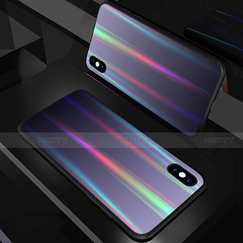 Apple iPhone Xs用ハイブリットバンパーケース プラスチック 鏡面 虹 グラデーション 勾配色 カバー A01 アップル ブラック