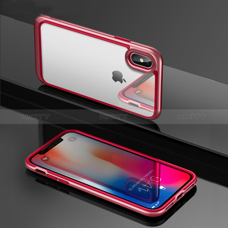 Apple iPhone Xs Max用360度 フルカバーハイブリットバンパーケース クリア透明 プラスチック 鏡面 T08 アップル レッド