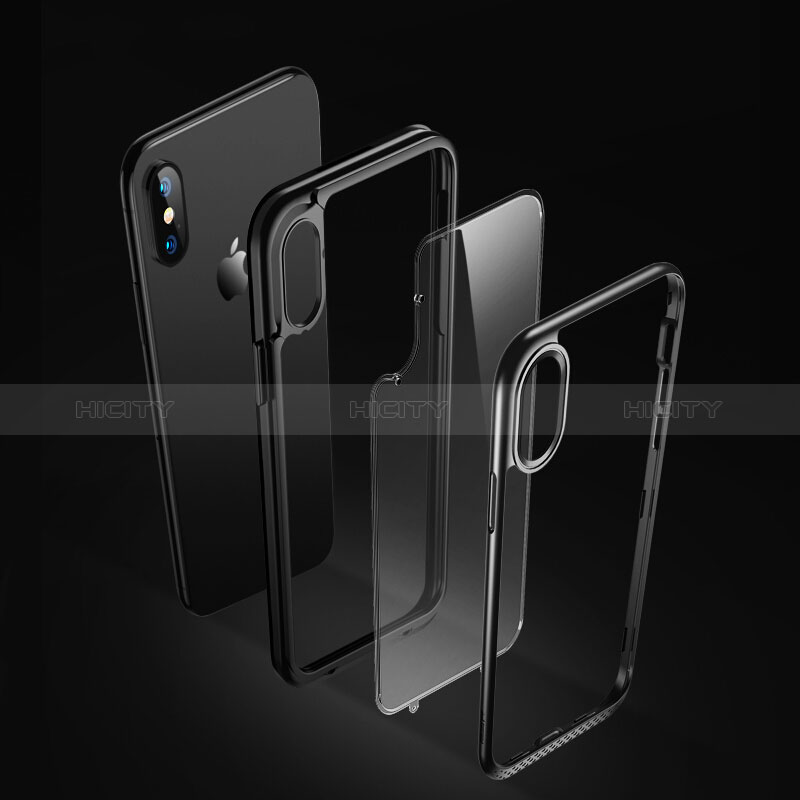 Apple iPhone Xs Max用360度 フルカバーハイブリットバンパーケース クリア透明 プラスチック 鏡面 T08 アップル ブラック