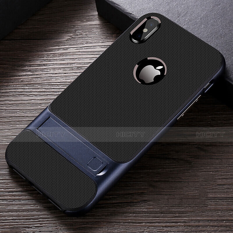 Apple iPhone Xs Max用ハイブリットバンパーケース スタンド プラスチック 兼シリコーン カバー A01 アップル ネイビー