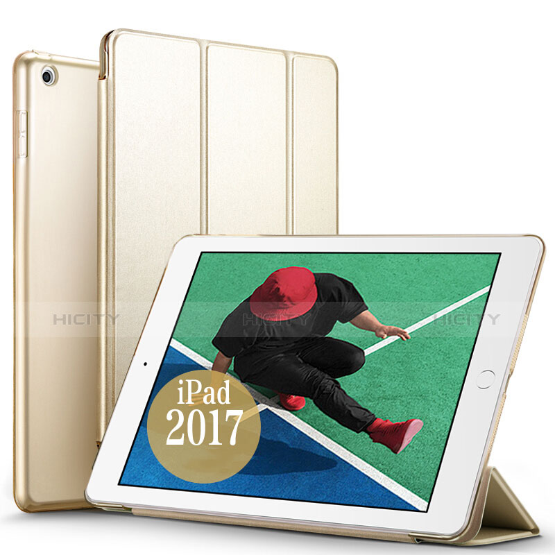 Apple New iPad 9.7 (2017)用手帳型 レザーケース スタンド アップル ゴールド