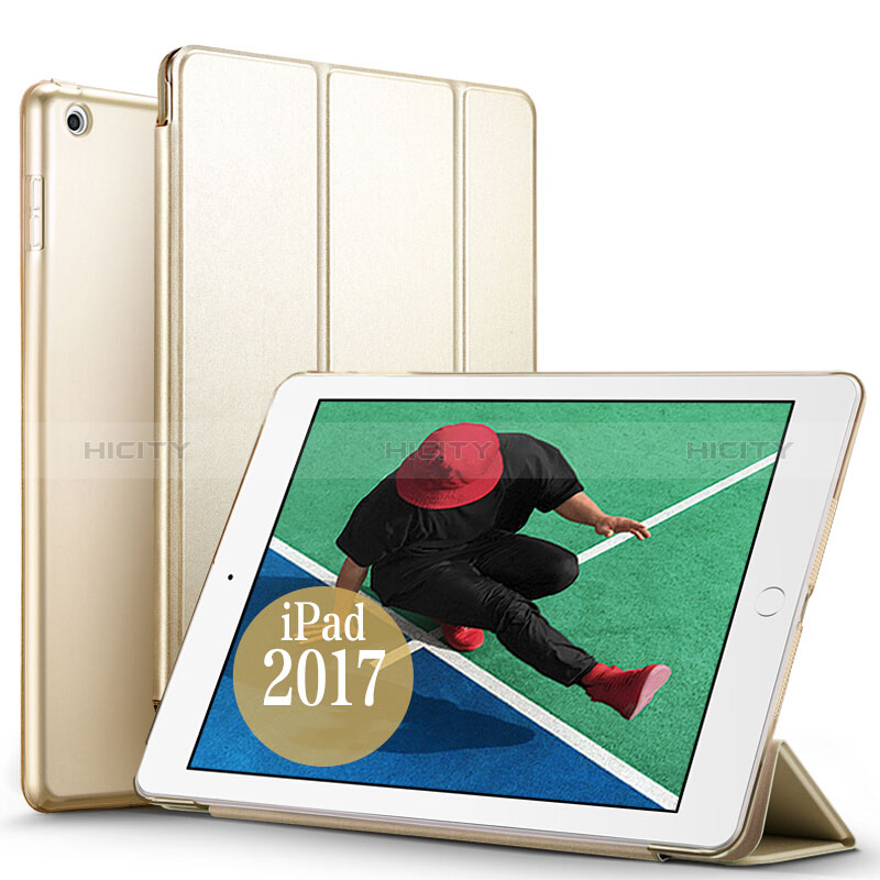 Apple New iPad 9.7 (2018)用手帳型 レザーケース スタンド アップル ゴールド