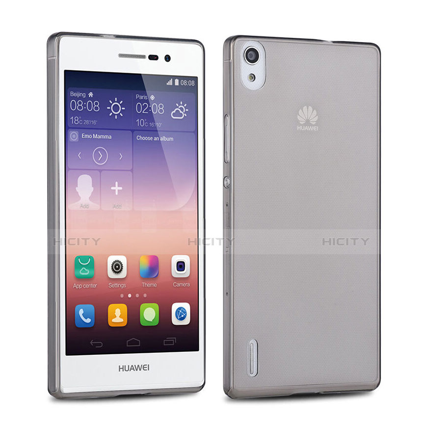 Huawei Ascend P7用極薄ソフトケース シリコンケース 耐衝撃 全面保護 クリア透明 ファーウェイ グレー