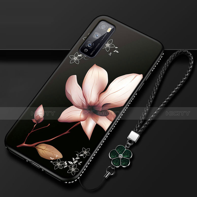 Huawei Enjoy 20 Pro 5G用シリコンケース ソフトタッチラバー 花 カバー S02 ファーウェイ ブラウン