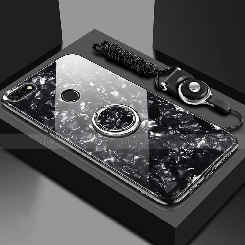 Huawei Enjoy 8e用ハイブリットバンパーケース プラスチック 鏡面 カバー アンド指輪 マグネット式 M01 ファーウェイ ブラック