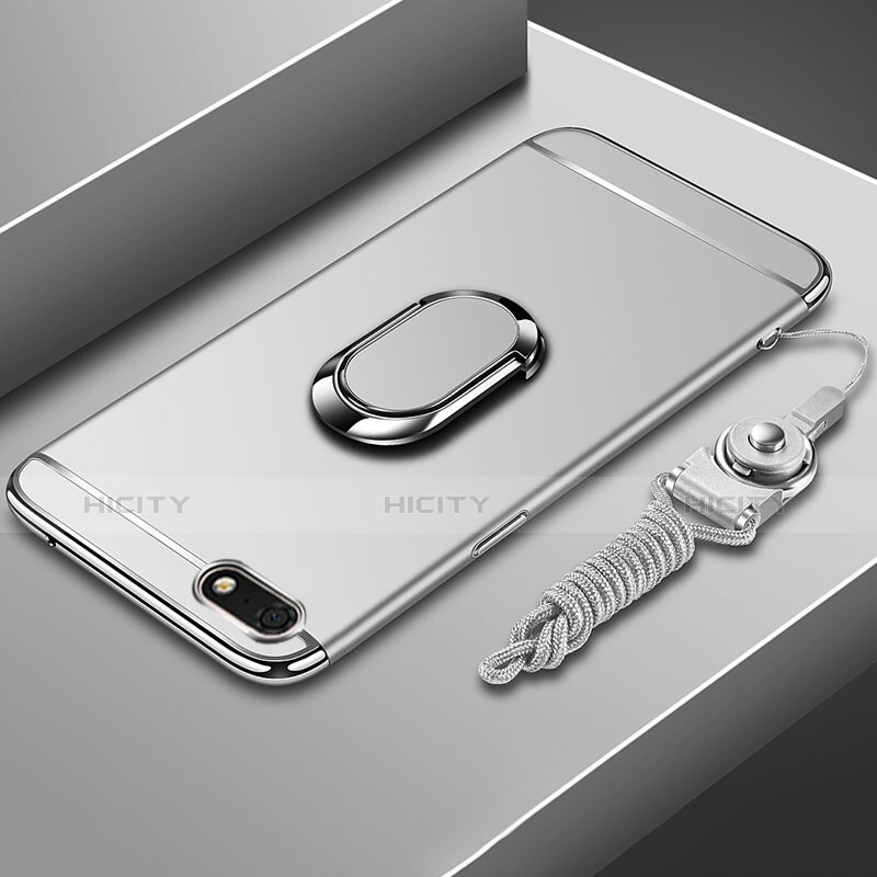Huawei Enjoy 8e Lite用ケース 高級感 手触り良い メタル兼プラスチック バンパー アンド指輪 亦 ひも ファーウェイ シルバー