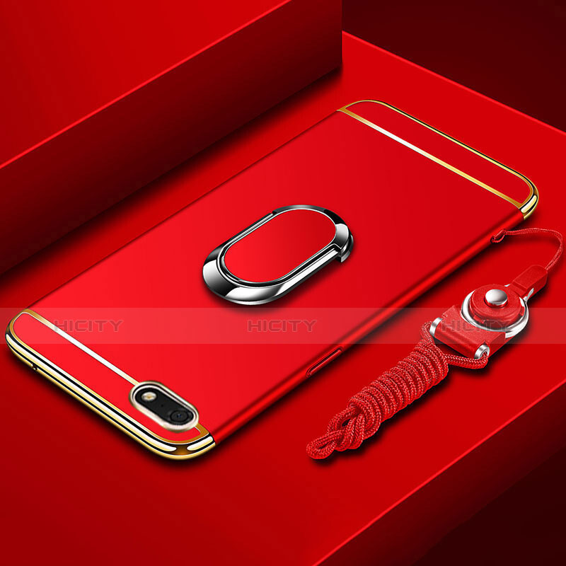 Huawei Enjoy 8e Lite用ケース 高級感 手触り良い メタル兼プラスチック バンパー アンド指輪 亦 ひも ファーウェイ レッド