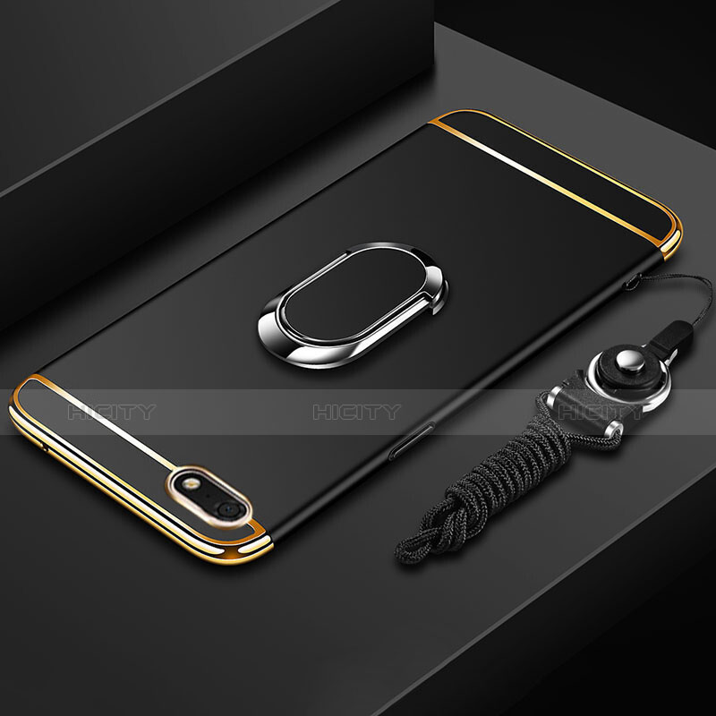 Huawei Enjoy 8e Lite用ケース 高級感 手触り良い メタル兼プラスチック バンパー アンド指輪 亦 ひも ファーウェイ ブラック