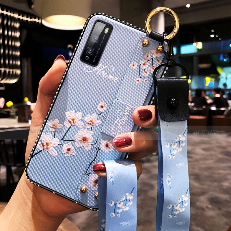 Huawei Enjoy Z 5G用シリコンケース ソフトタッチラバー 花 カバー ファーウェイ ブルー