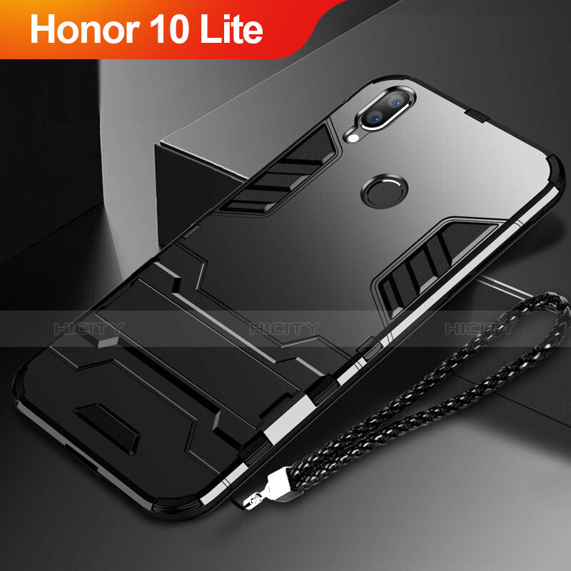 Huawei Honor 10 Lite用ハイブリットバンパーケース スタンド プラスチック 兼シリコーン カバー ファーウェイ ブラック
