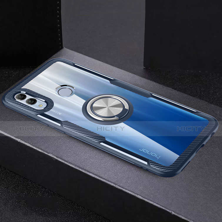 Huawei Honor 10 Lite用360度 フルカバーハイブリットバンパーケース クリア透明 プラスチック 鏡面 アンド指輪 マグネット式 ファーウェイ ブルー