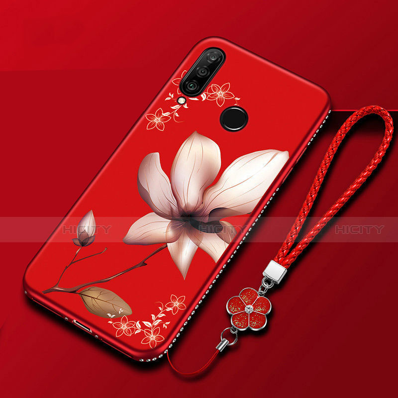 Huawei Honor 20 Lite用シリコンケース ソフトタッチラバー 花 カバー ファーウェイ レッド