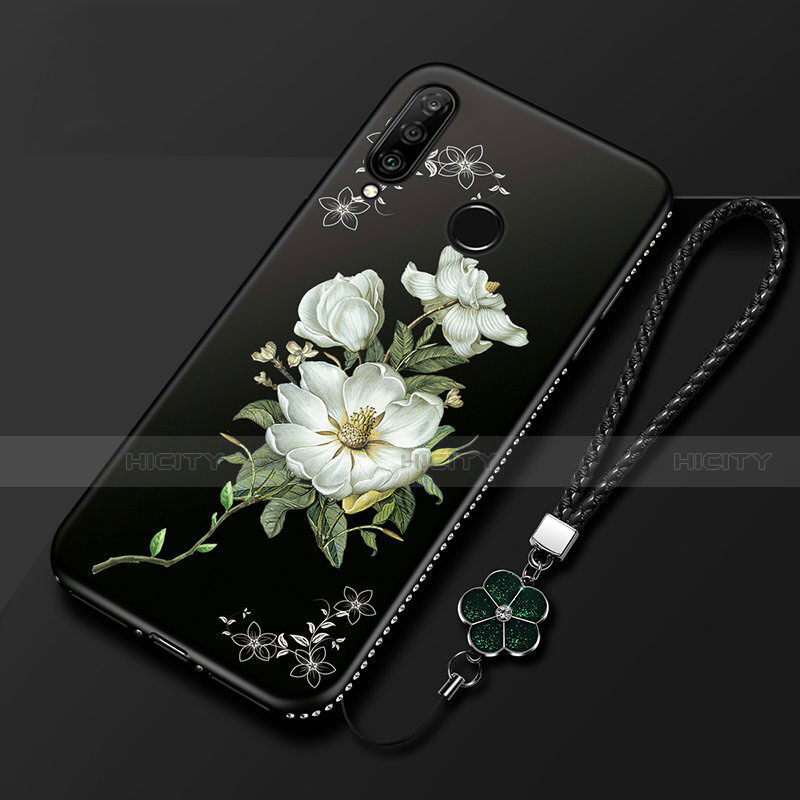 Huawei Honor 20 Lite用シリコンケース ソフトタッチラバー 花 カバー ファーウェイ ブラック