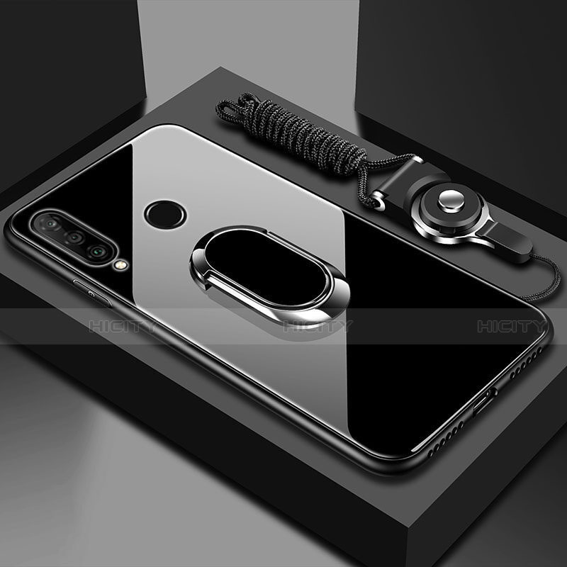Huawei Honor 20 Lite用ハイブリットバンパーケース プラスチック 鏡面 カバー アンド指輪 マグネット式 T02 ファーウェイ ブラック