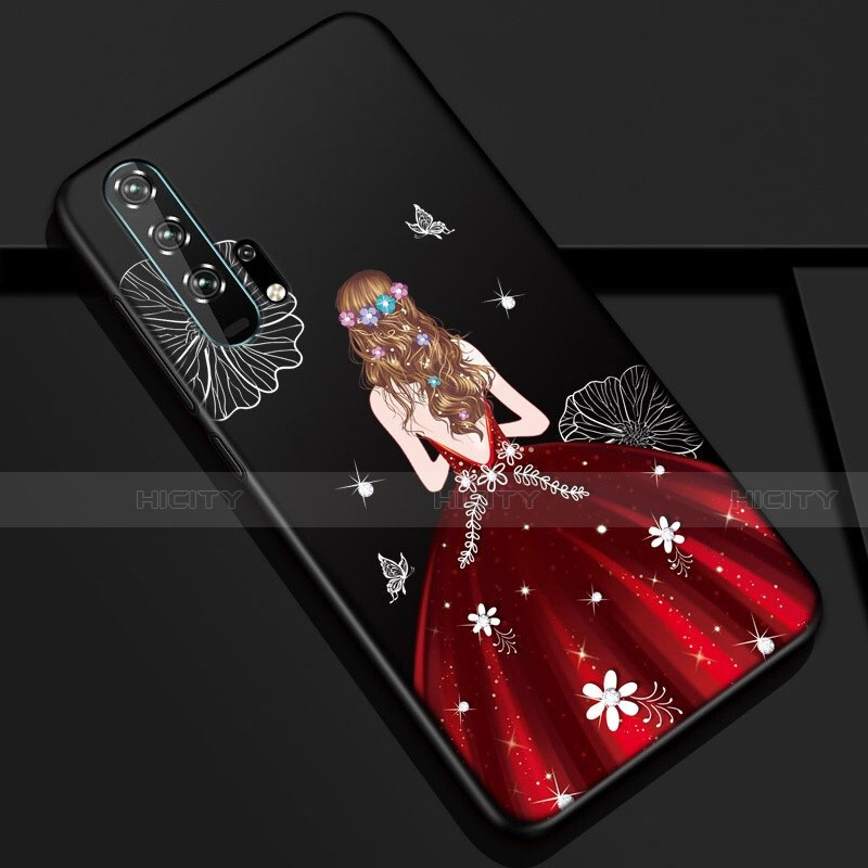 Huawei Honor 20 Pro用シリコンケース ソフトタッチラバー バタフライ ドレスガール ドレス少女 カバー K01 ファーウェイ レッド・ブラック