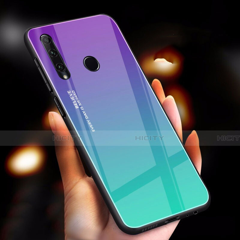 Huawei Honor 20E用ハイブリットバンパーケース プラスチック 鏡面 虹 グラデーション 勾配色 カバー ファーウェイ シアン