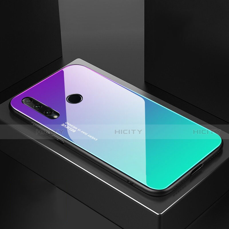 Huawei Honor 20i用ハイブリットバンパーケース プラスチック 鏡面 虹 グラデーション 勾配色 カバー H01 ファーウェイ シアン