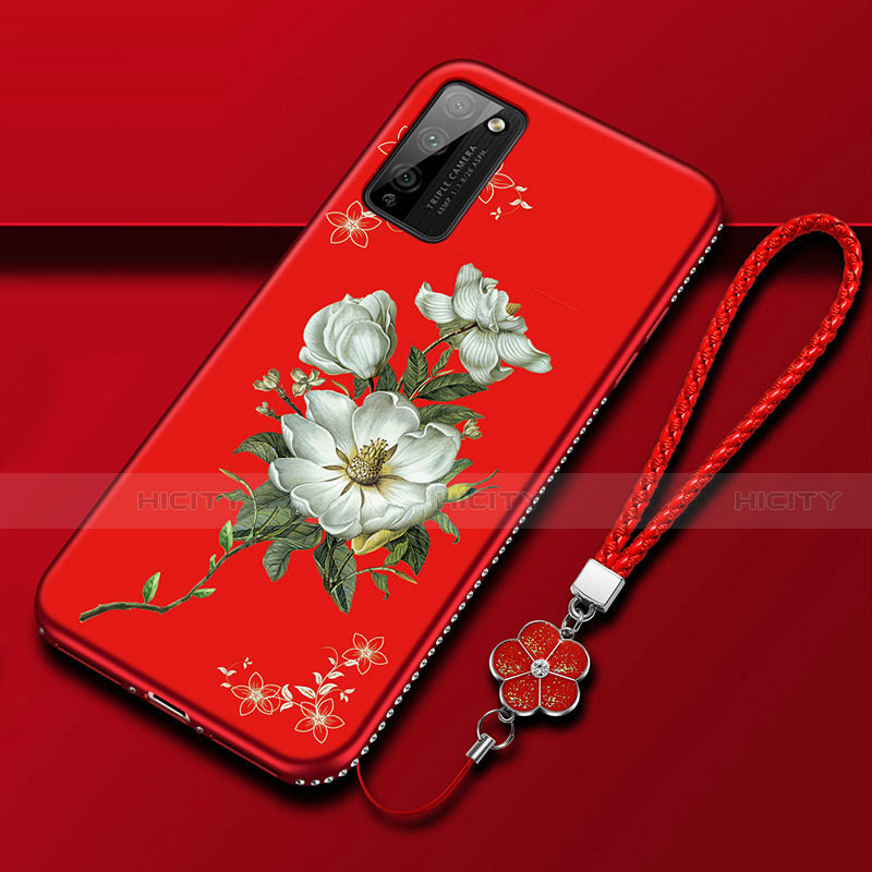 Huawei Honor 30 Lite 5G用シリコンケース ソフトタッチラバー 花 カバー S01 ファーウェイ レッド