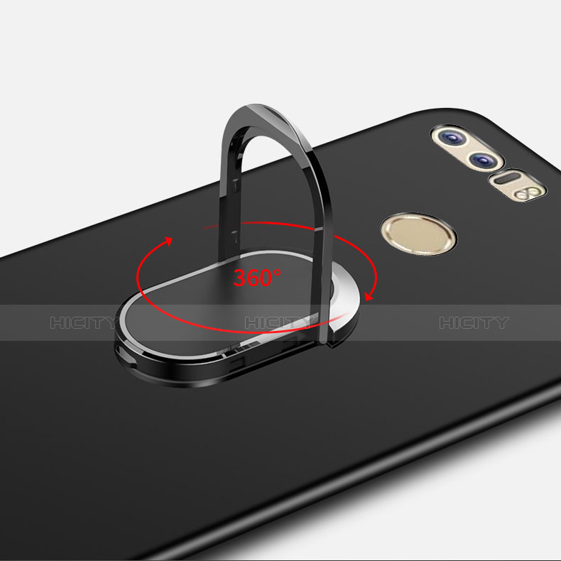 Huawei Honor 8用ケース 高級感 手触り良い メタル兼プラスチック バンパー アンド指輪 亦 ひも A01 ファーウェイ ブラック