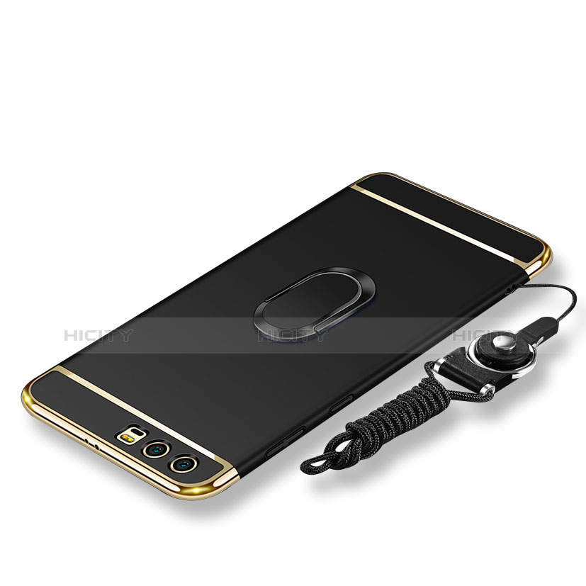 Huawei Honor 9用ケース 高級感 手触り良い メタル兼プラスチック バンパー アンド指輪 亦 ひも ファーウェイ ブラック