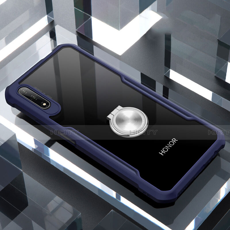 Huawei Honor 9X用360度 フルカバーハイブリットバンパーケース クリア透明 プラスチック 鏡面 アンド指輪 マグネット式 ファーウェイ ネイビー