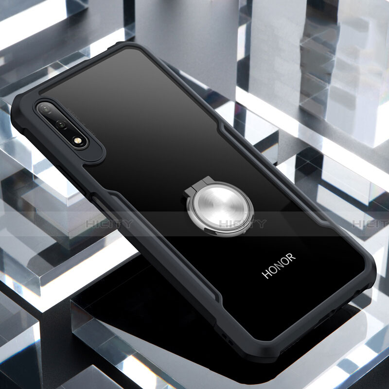 Huawei Honor 9X用360度 フルカバーハイブリットバンパーケース クリア透明 プラスチック 鏡面 アンド指輪 マグネット式 ファーウェイ ブラック