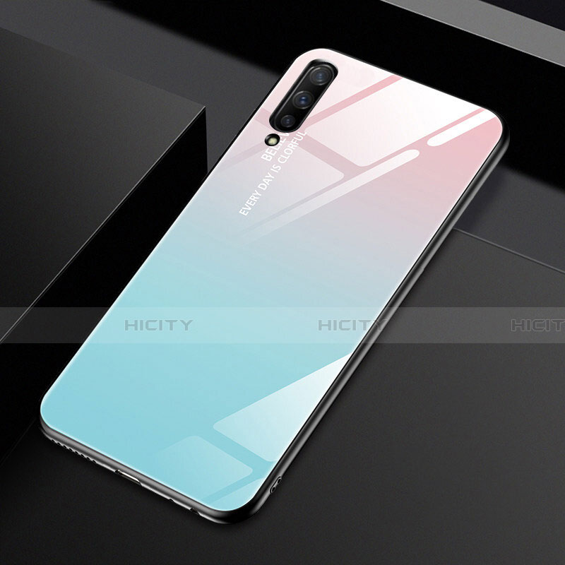 Huawei Honor 9X Pro用ハイブリットバンパーケース プラスチック 鏡面 虹 グラデーション 勾配色 カバー ファーウェイ シアン