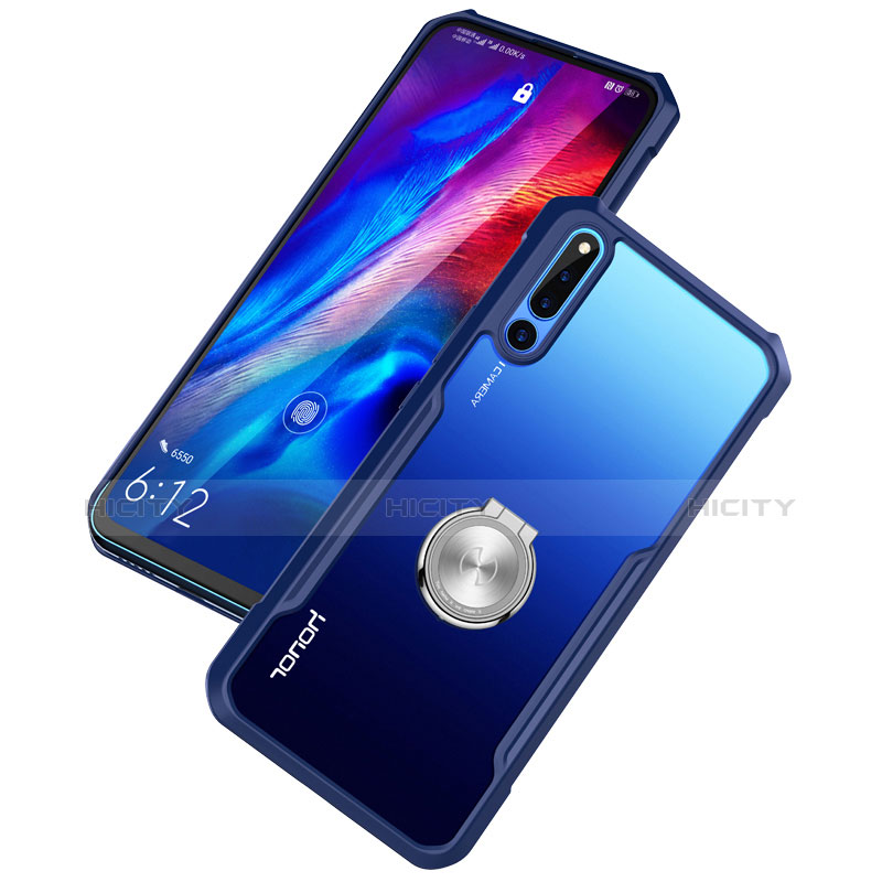 Huawei Honor Magic 2用360度 フルカバーハイブリットバンパーケース クリア透明 プラスチック 鏡面 アンド指輪 マグネット式 ファーウェイ ネイビー