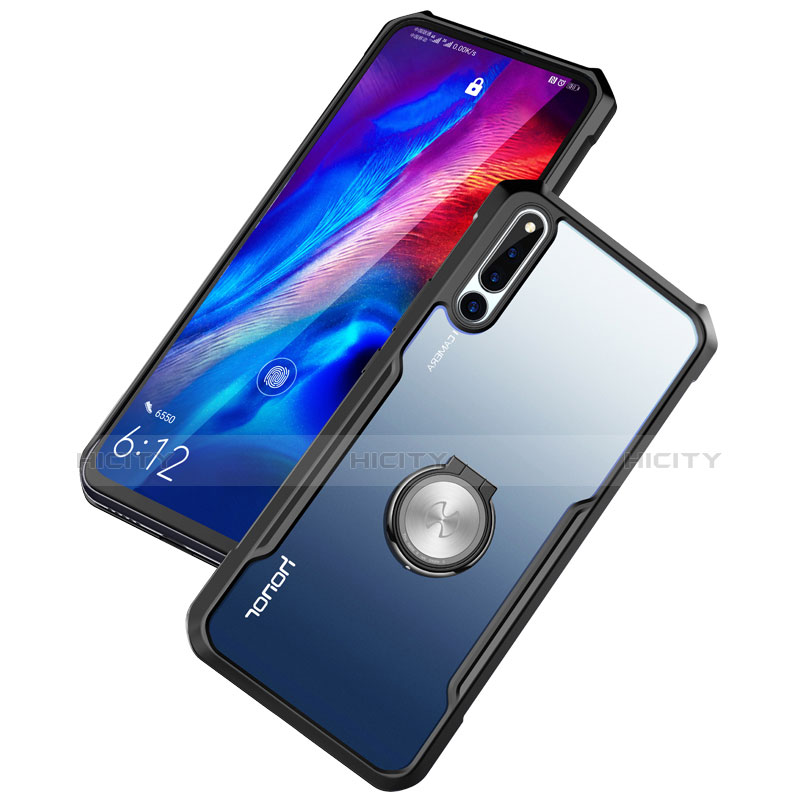 Huawei Honor Magic 2用360度 フルカバーハイブリットバンパーケース クリア透明 プラスチック 鏡面 アンド指輪 マグネット式 ファーウェイ ブラック