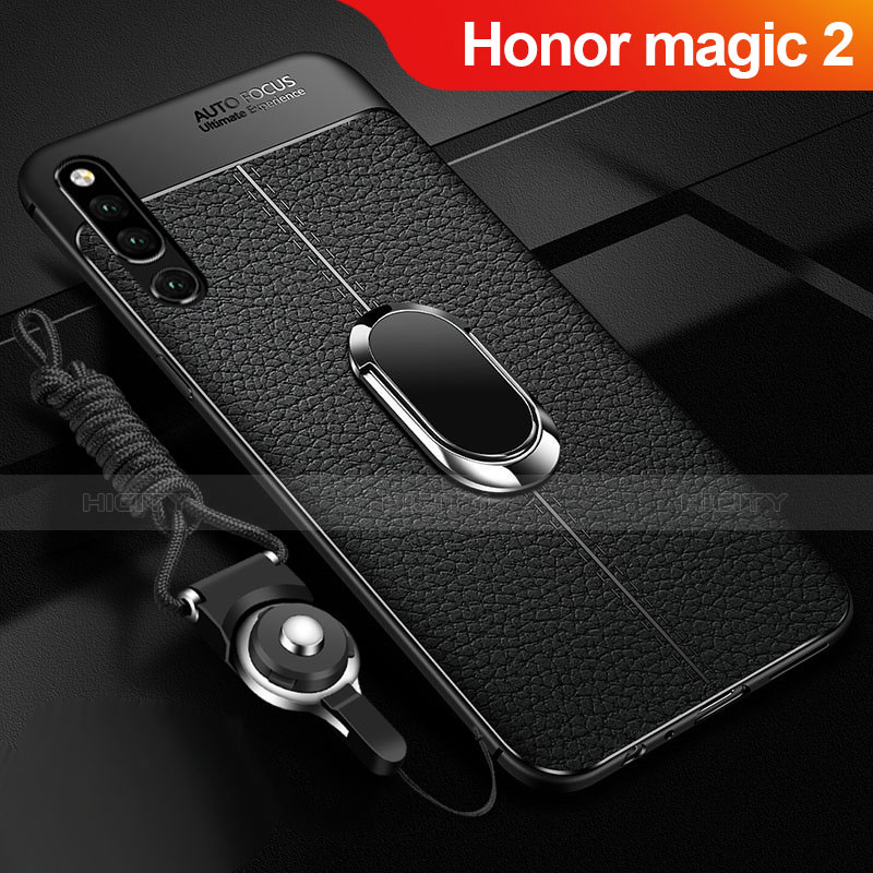 Huawei Honor Magic 2用シリコンケース ソフトタッチラバー レザー柄 アンド指輪 マグネット式 A01 ファーウェイ ブラック