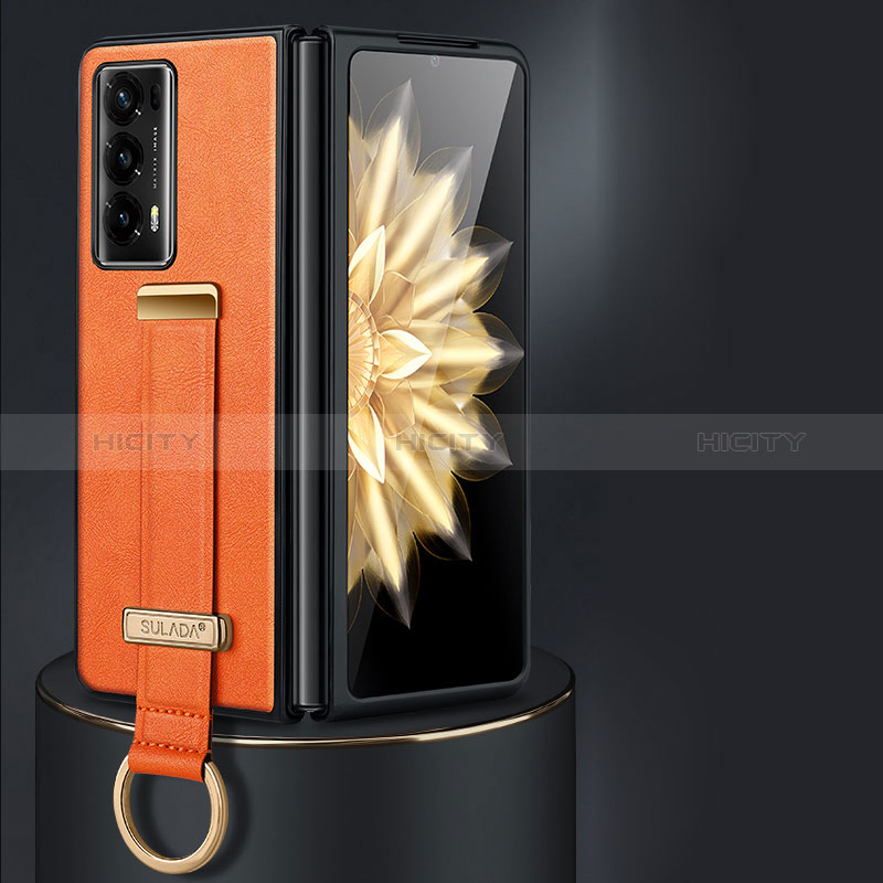 Huawei Honor Magic V2 5G用ハイブリットバンパーケース 高級感 手触り良いレザー柄 兼プラスチック LD1 ファーウェイ オレンジ