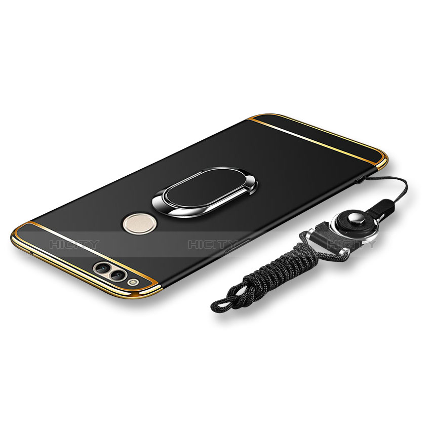 Huawei Honor Play 7X用ケース 高級感 手触り良い メタル兼プラスチック バンパー アンド指輪 亦 ひも ファーウェイ ブラック