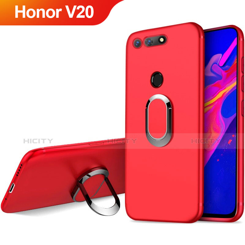 Huawei Honor V20用極薄ソフトケース シリコンケース 耐衝撃 全面保護 アンド指輪 マグネット式 ファーウェイ レッド