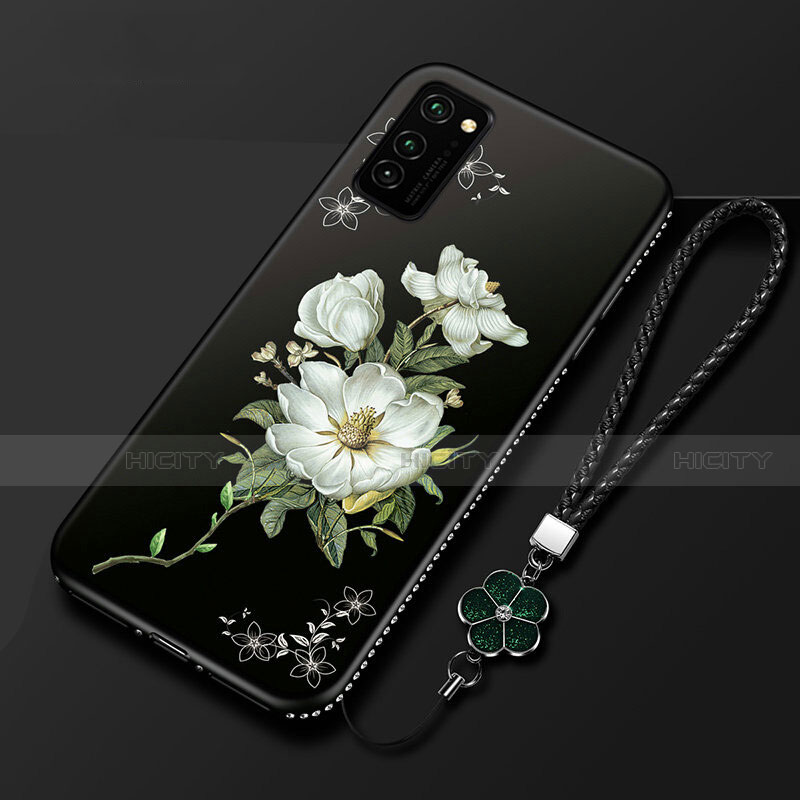 Huawei Honor V30 Pro 5G用シリコンケース ソフトタッチラバー 花 カバー ファーウェイ ブラック