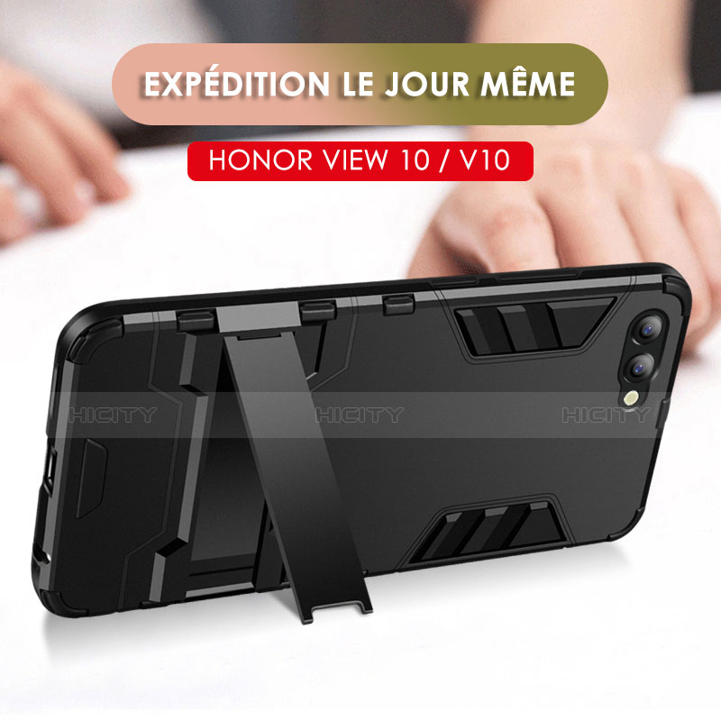 Huawei Honor View 10用ハイブリットバンパーケース スタンド プラスチック 兼シリコーン R01 ファーウェイ ブラック