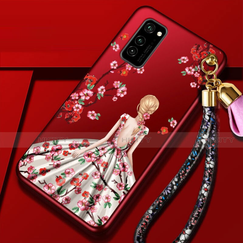 Huawei Honor View 30 5G用シリコンケース ソフトタッチラバー バタフライ ドレスガール ドレス少女 カバー ファーウェイ レッド