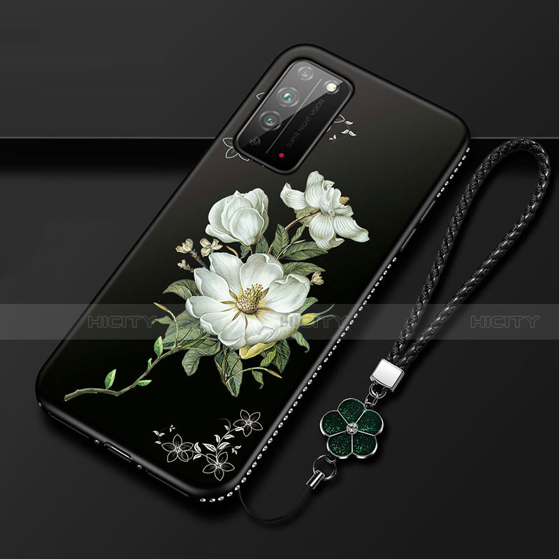 Huawei Honor X10 5G用シリコンケース ソフトタッチラバー 花 カバー S02 ファーウェイ ホワイト