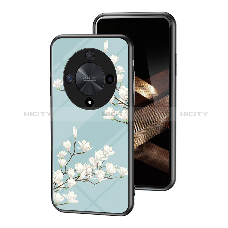 Huawei Honor X9b 5G用ハイブリットバンパーケース プラスチック 鏡面 花 カバー ファーウェイ シアン